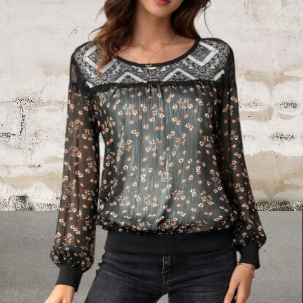 Metaphor Women's Black Sheer Flower Design Long Sleeve - Size Small